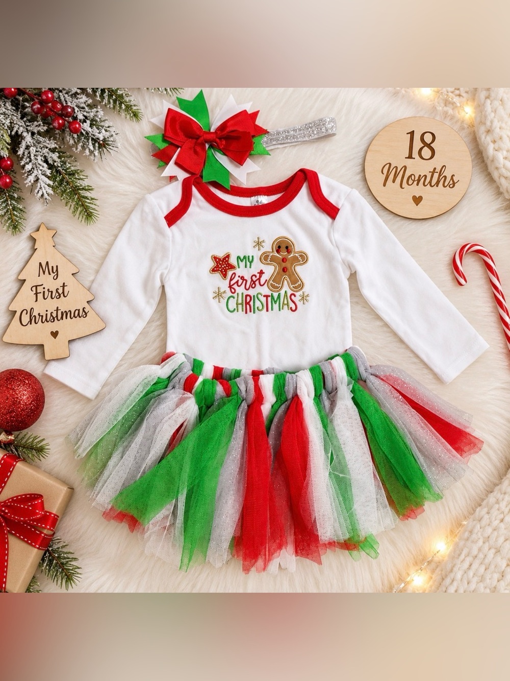 Baby Essentials Girls 18M My First Christmas Outfit Gingerbread Tutu & Headband